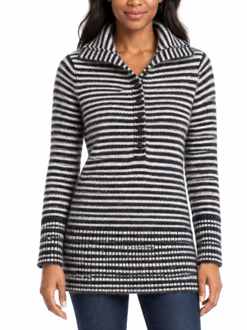 Banana Republic Navy Ivory Striped Wool Angora Collared Sweater Size Large